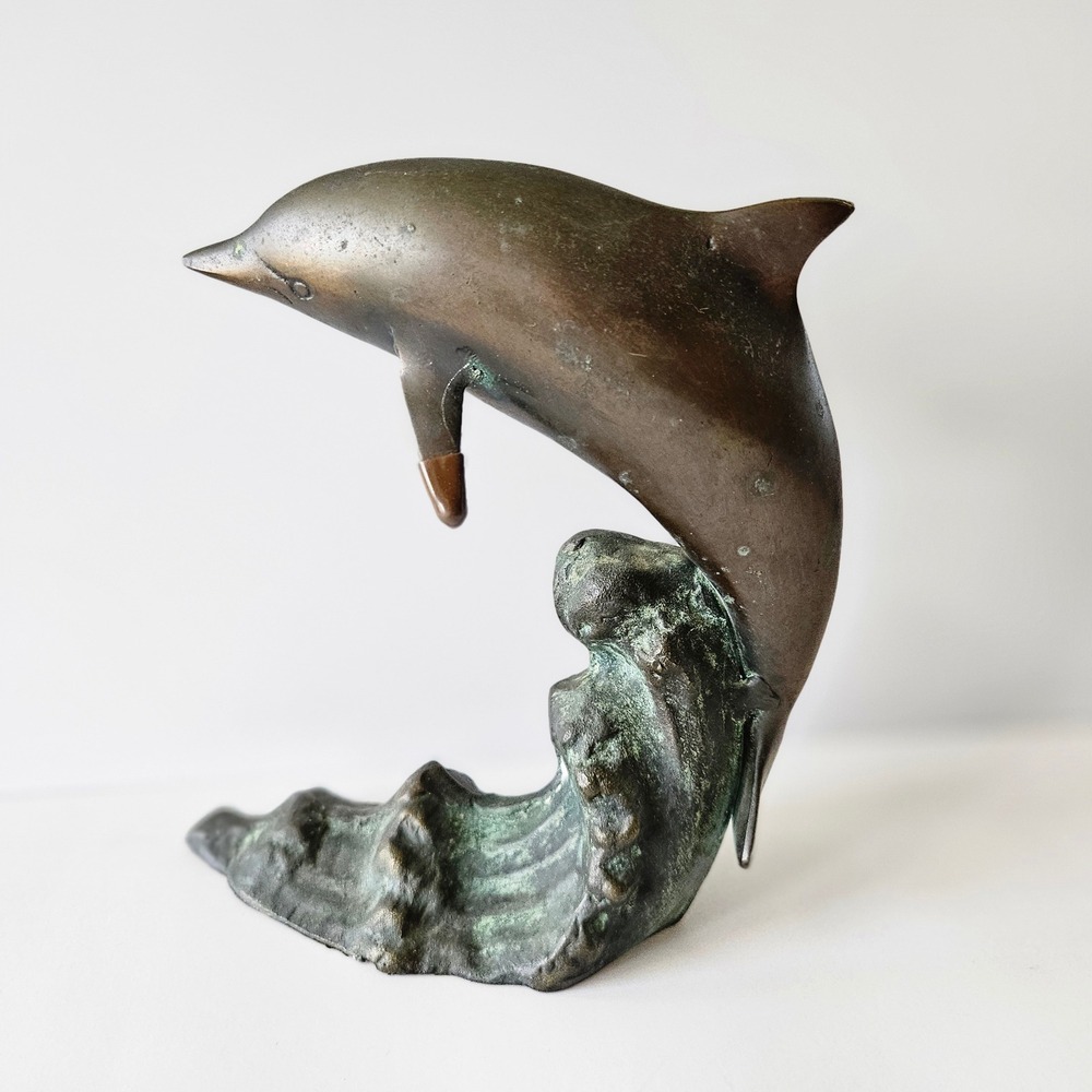 Vtg Dolphin Bronze Metal Statue San Francisco Trading Co - 7in Wave Nautical